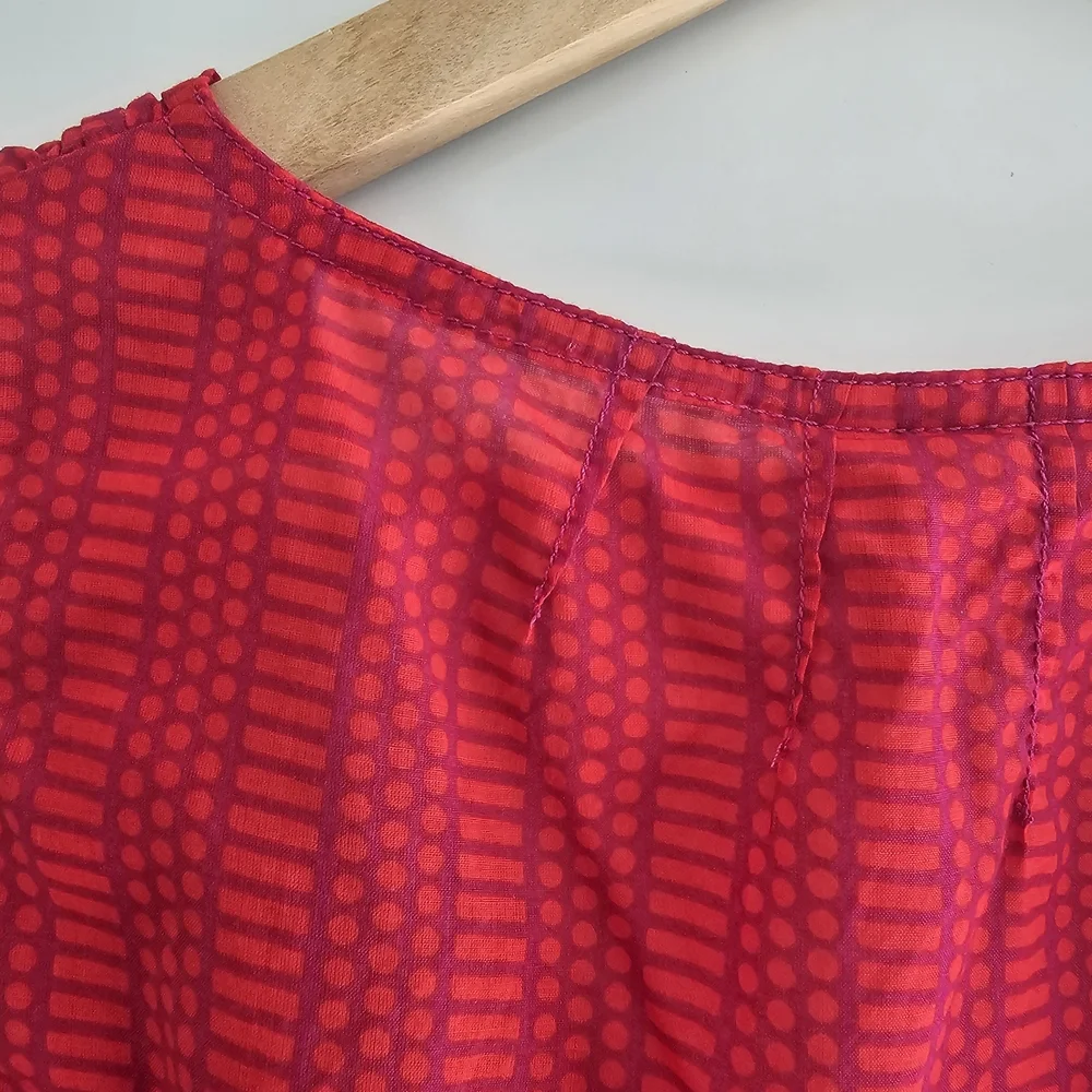 Tory Burch Semi sheer Sleeveless Red And Purple Patterned Blouse, Size Large - Picture 7 of 14